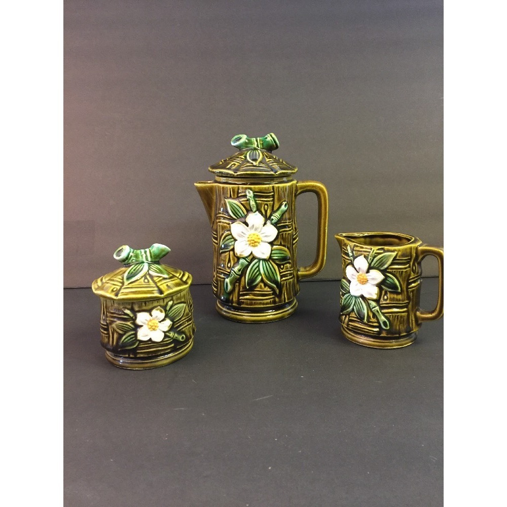 Vintage TILSO Japan Hand Painted Tea Coffee Pot Cream Sugar Bamboo Motif